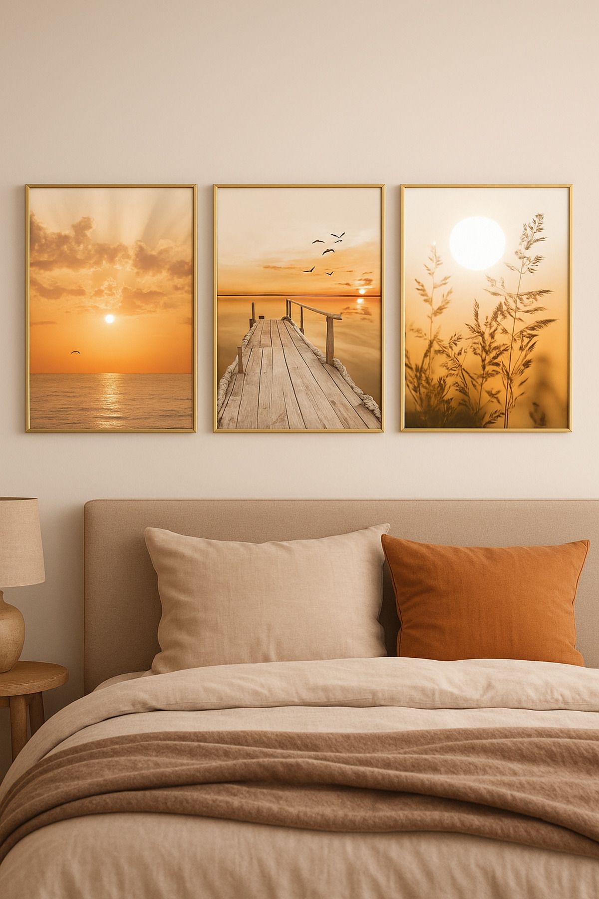 seninürünün Gün Batımı Sessizliği - Gerçek Cama Baskı Gold Alüminyum Metal Çerçeveli 3'lü Modern Tablo