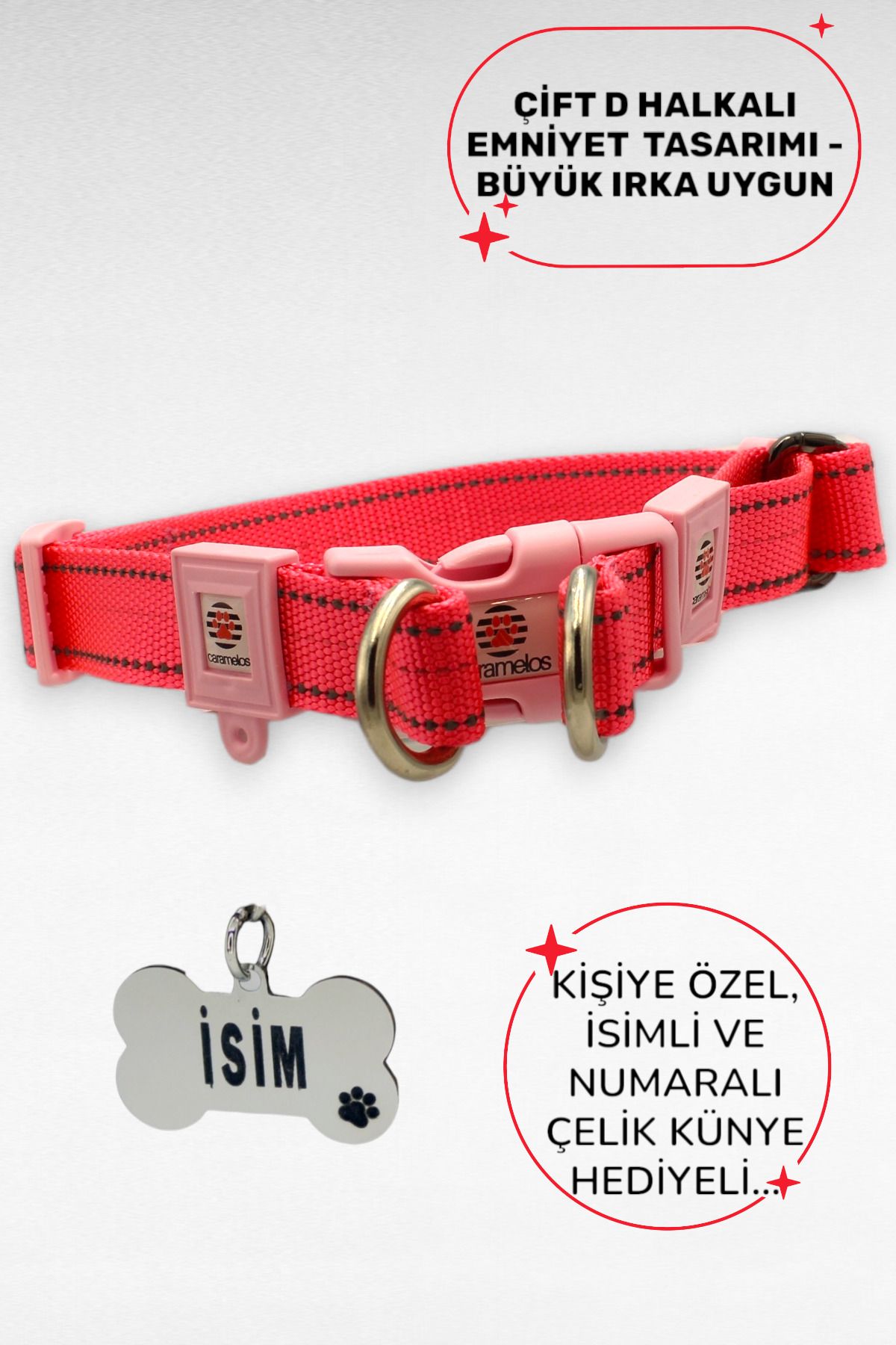 CARAMELOS REFLEKTÖRLÜ KÖPEK TASMA, ÇİFT KANCA BAĞLANTILI, KİŞİYE ÖZEL KÖPEK TASMASI. BÜYÜK IRK KÖPEK TASMASI,