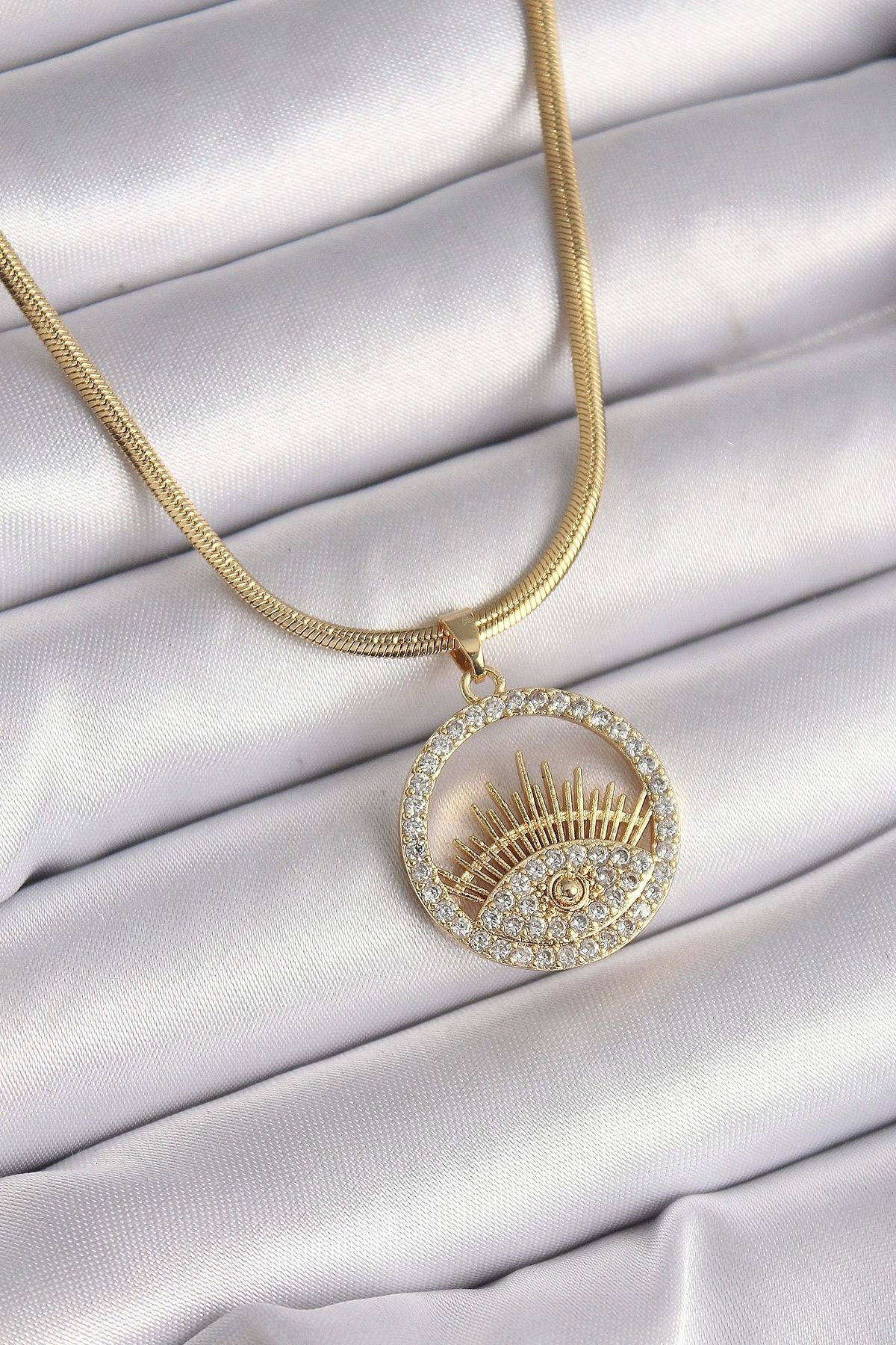 shopwave 316L Çelik Gold Renk İtalyan Zincir Zirkon Taşlı Göz Model Kadın Kolye