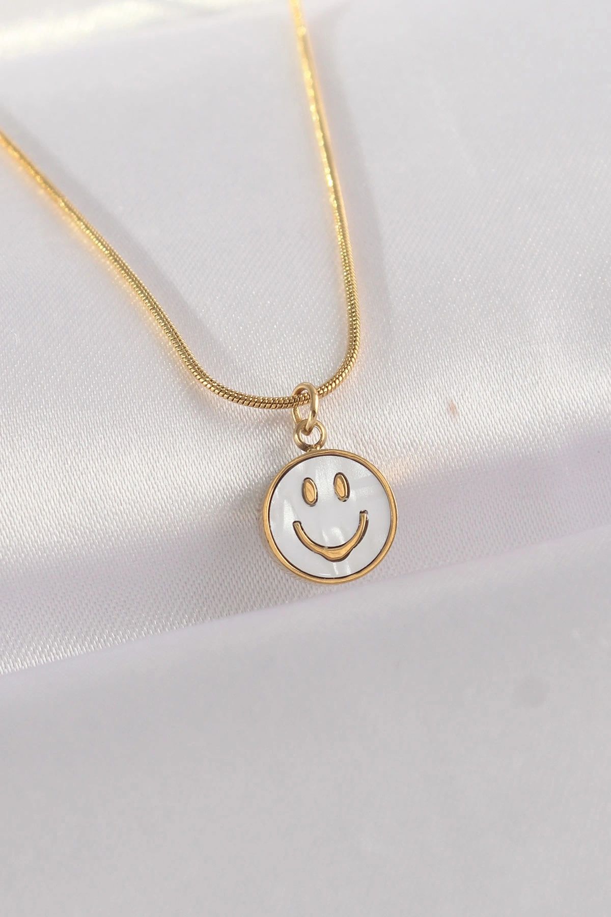 shopwave 316L Çelik Zincir Altın Renk Mermer Desenli Minimal Smile Kolye