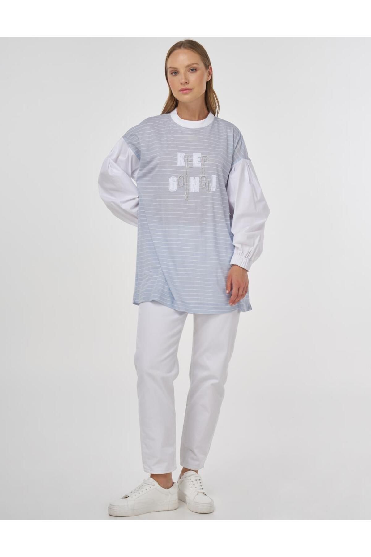 Kayra-Slogan Line Pattern Tunic Light Blue 2