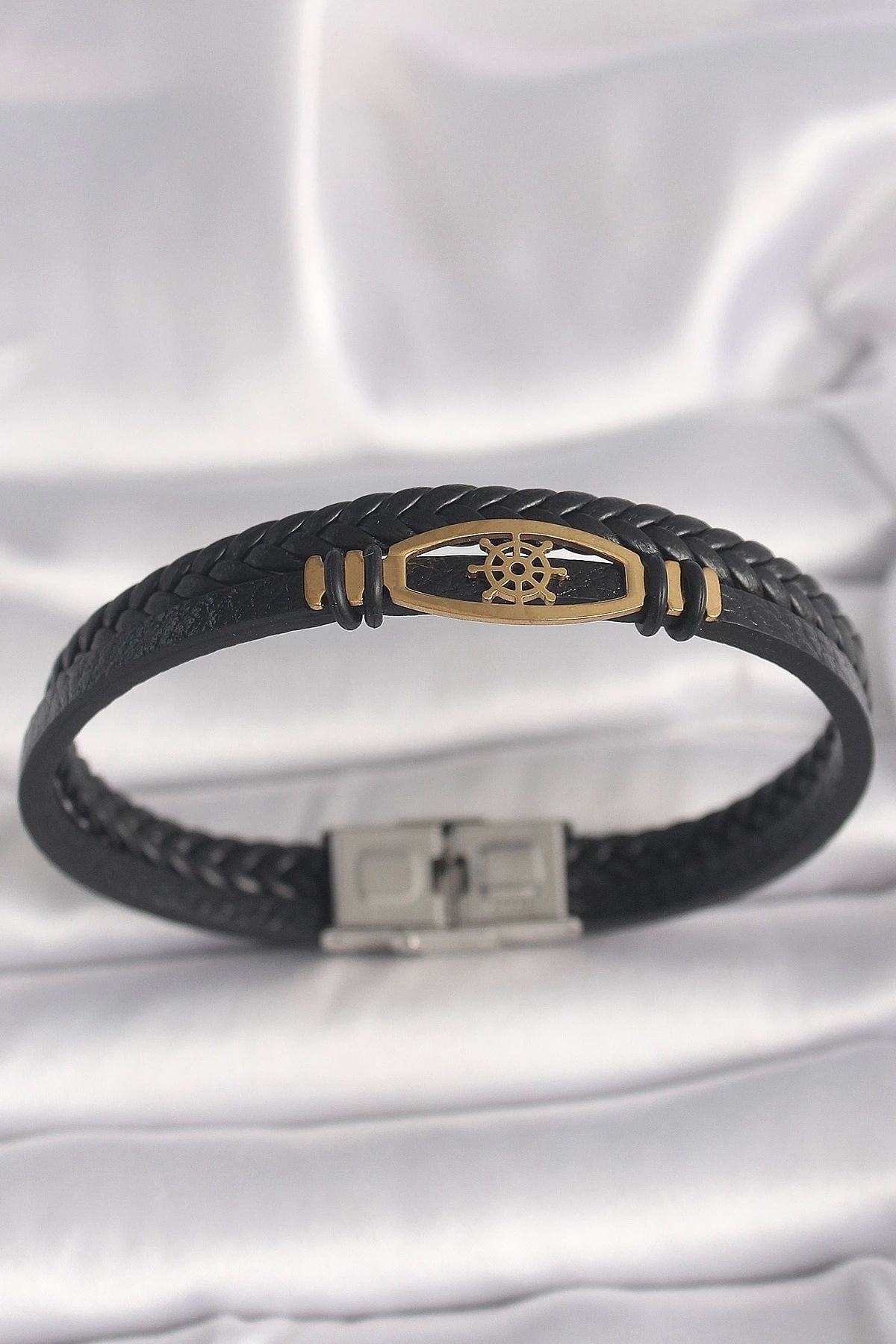 shopwave 316L Çelik Gold Renk Gemi Dümen Figür Siyah Renk Çift Sıra Burgu Desenli Deri Kordon Erkek Bileklik