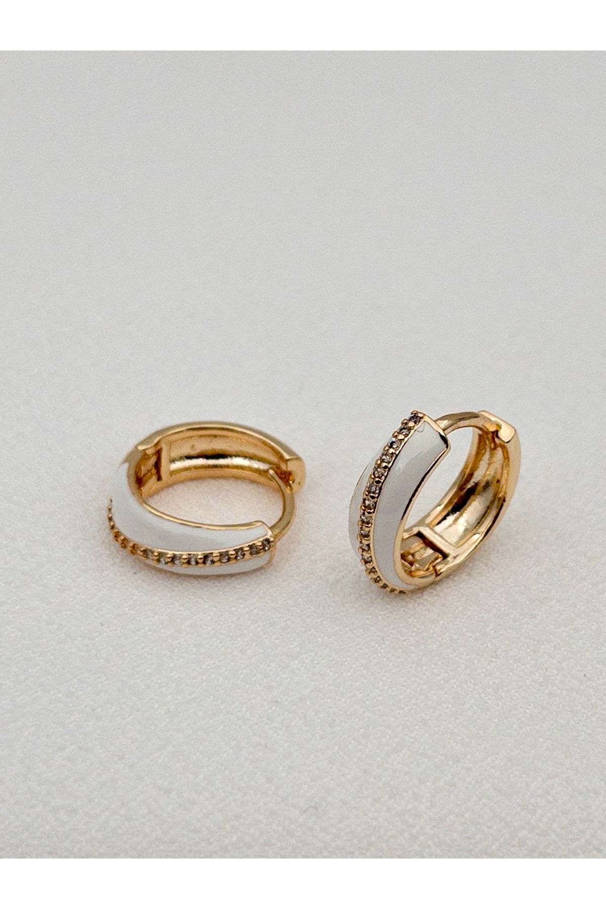 Siya Silver Altın Kaplama Çapraz Zirkon Taşlı Mineli Çelik Halka Küpe - 1,6 cm