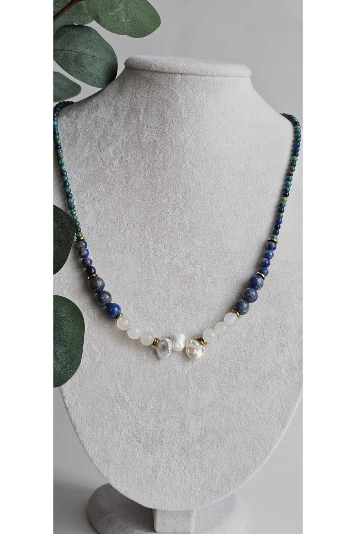 Lunaterra Azurit & Lapis & Ay Taşı & Barok İnci Detaylı Kolye