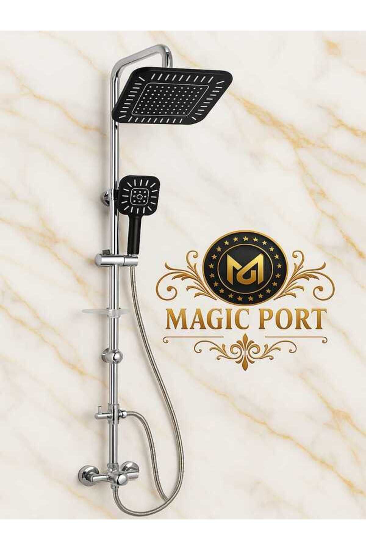 MAGIC PORT LÜX SİYAH TEPE ÇİZGİ DETAYLI Yeni Nesil Robot Yağmurlama Tepe Duş Başlığı Seti MAGIC PORT