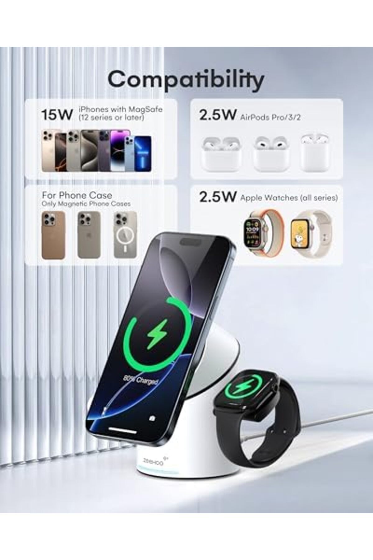 genernic-ZEEHOO 3 in 1 Wireless Charging Station, Auto-Rotating Magsafe Charger Stand for Multiple Devices, Q 8