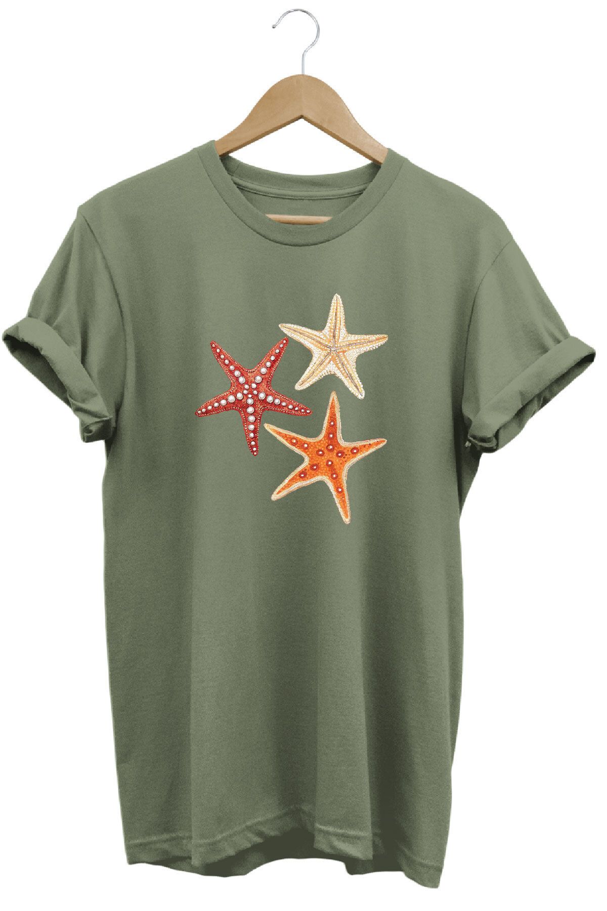 onsrawear Şık Deniz Yıldızı Tasarım Baskılı Yazlık Unisex %100 Pamuk Basic T-shirt