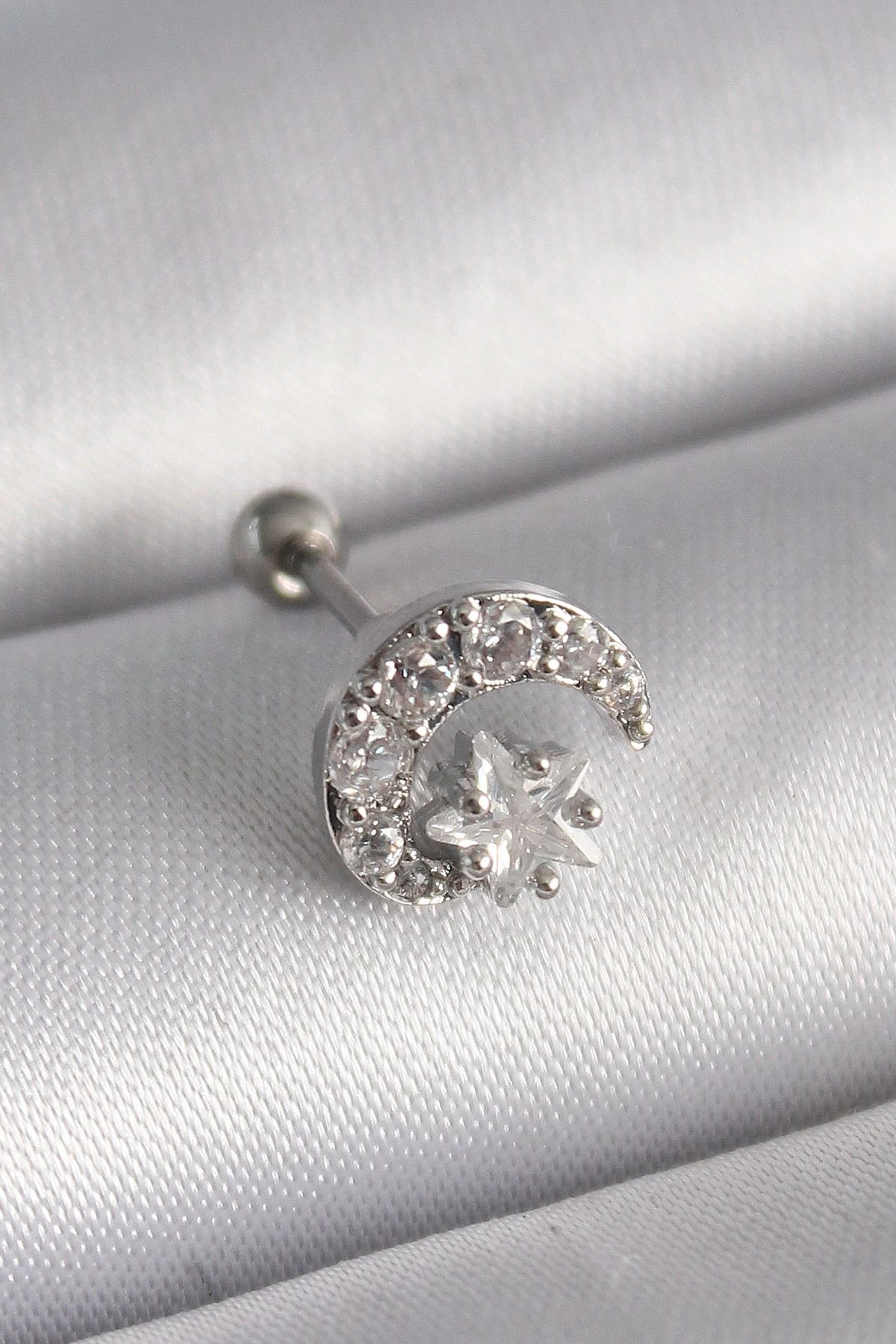 shopwave 316L Çelik Gümüş Renk Zirkon Taşlı Ay Yıldız Tragus Piercing