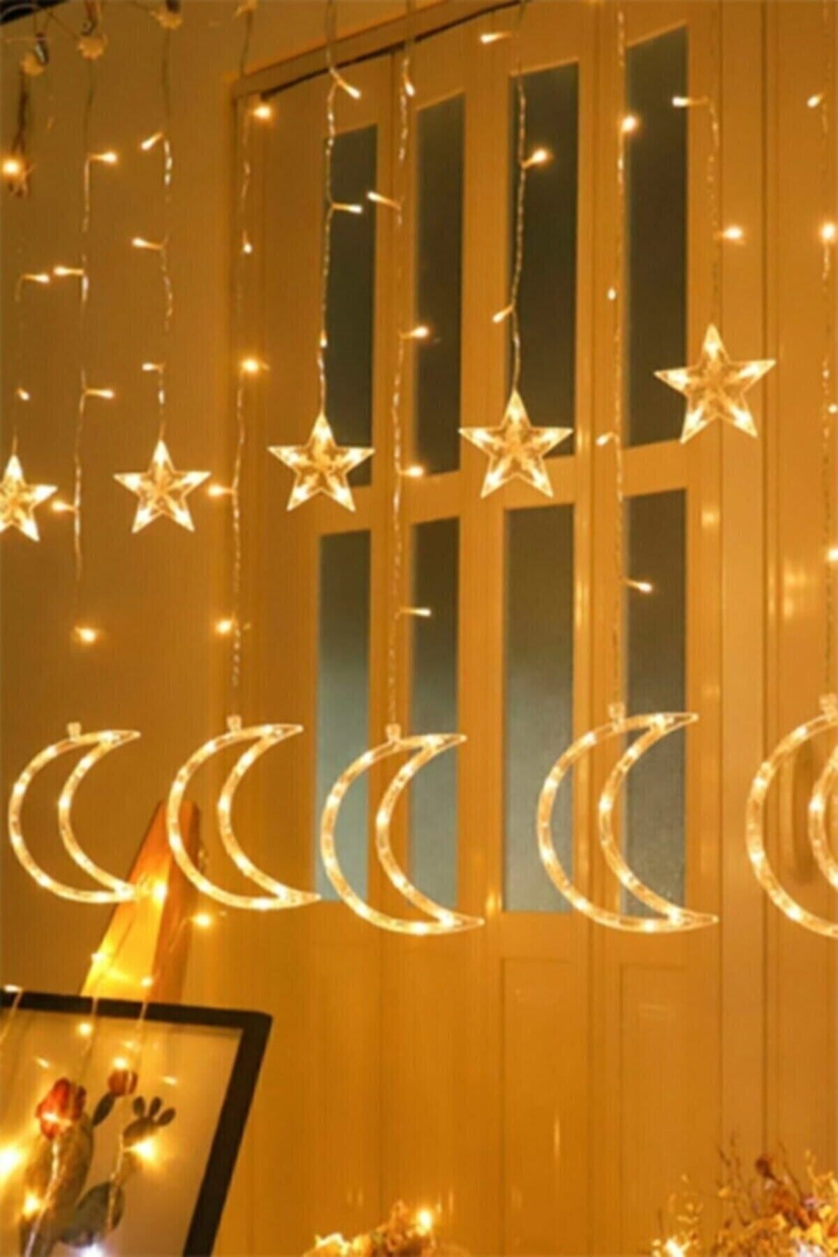 Elioure Dekoratif Ay Yıldızlı Saçak Led Perde Led Işık Animasyonlu Yılbaşı Led Işık Süs