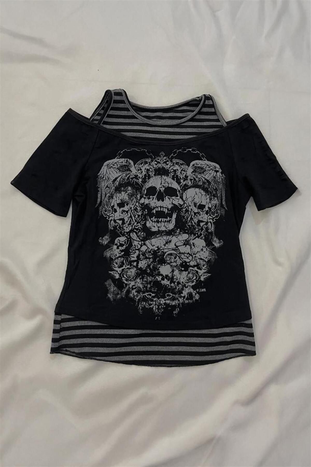 Karakedi Siyah Gotik Skulls Y2K Ek Çizgili Askılı Kısa Kollu Crop