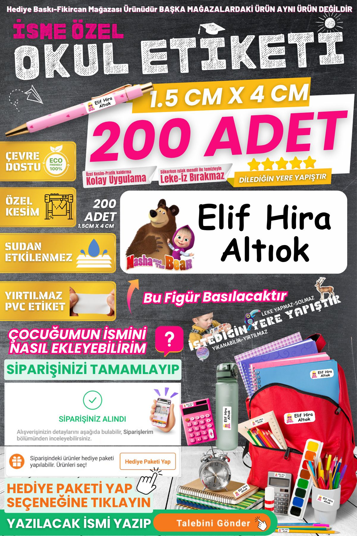 FİKİRCAN Fikircan-İsme Özel Okul Etiketi-MAŞA VE KOCA AYI 200 Adet - Kokusuz Ekolojik Mürekkep PVC ETİKET