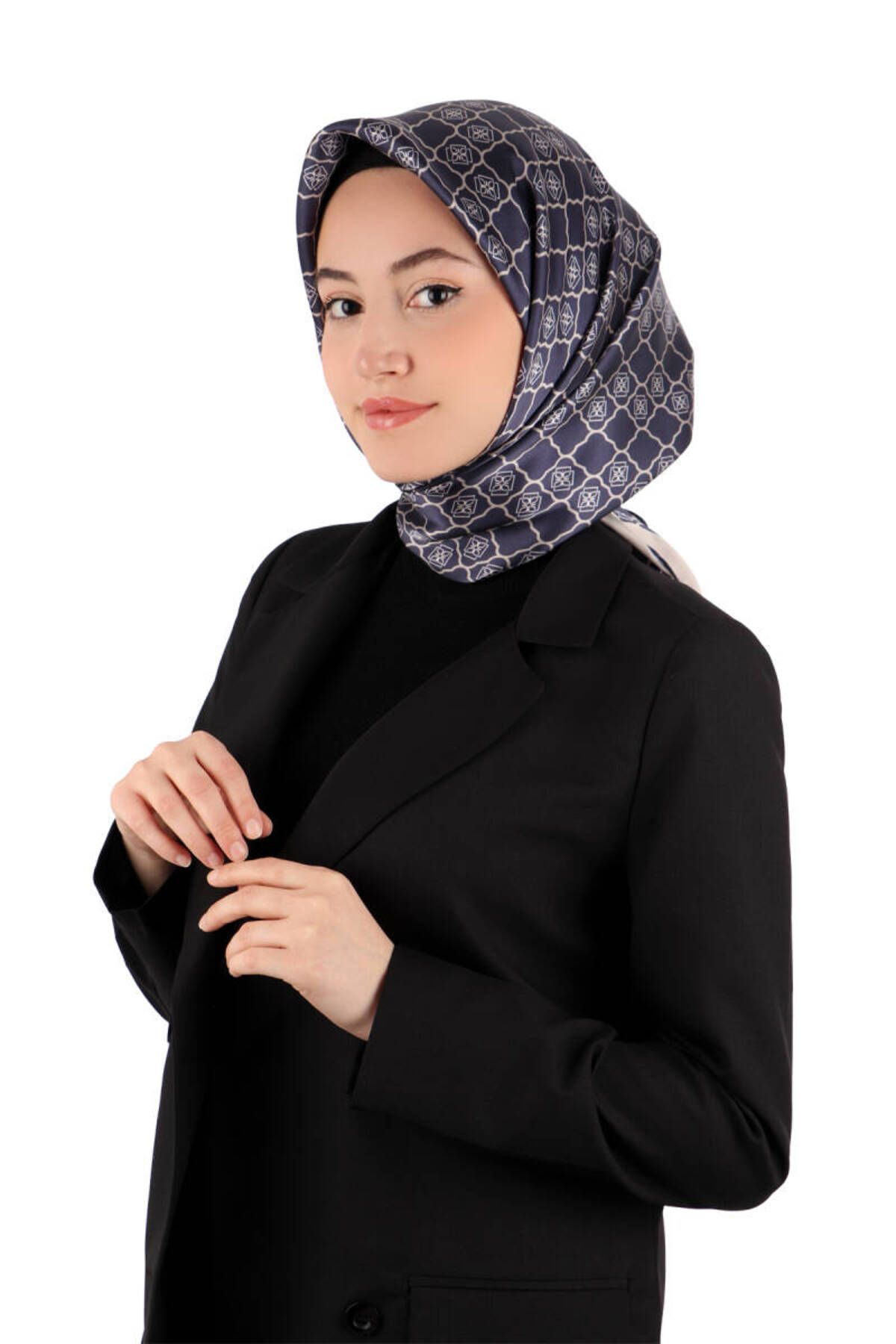 Bursa İpek Lacivert Monogram İpek Eşarp