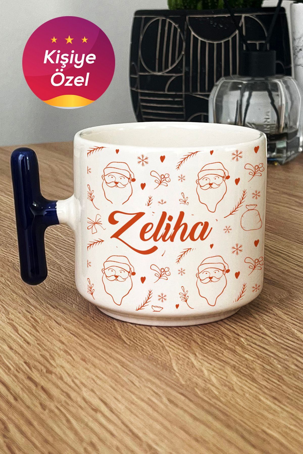 Elioure Kişiye Özel Noel Baba Desenli Kupa Bardak T Kulplu Lacivert Yılbaşı Yeni Yıl Hediyesi 5386MY