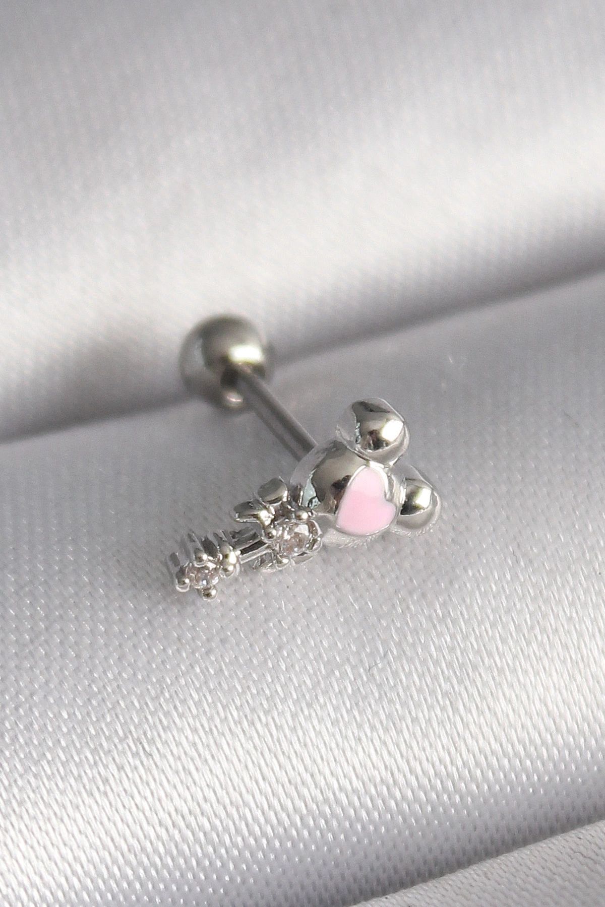shopwave 316L Çelik Gümüş Renk Zirkon Taş Detay Pembe Kalp İşleme Tragus Piercing