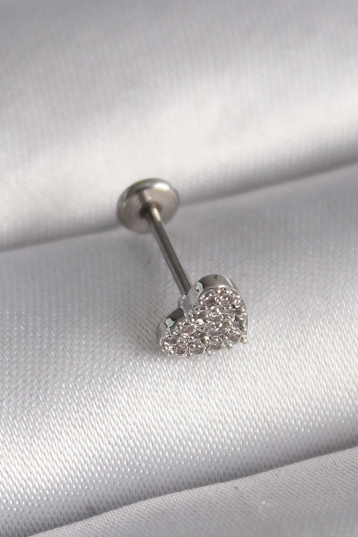 shopwave 316L Çelik Gümüş Renk Zirkon Taşlı Kalp Model Tragus Piercing