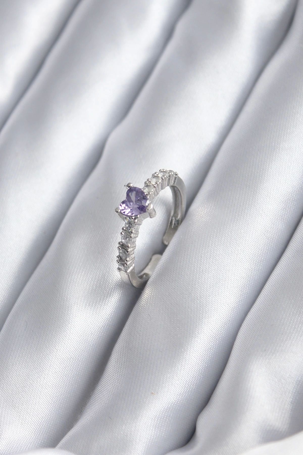 shopwave Gümüş Renk Zirkon Taşlı Mor Kristal Kalp Model Kadın Yüzük - TJ-BYK2849