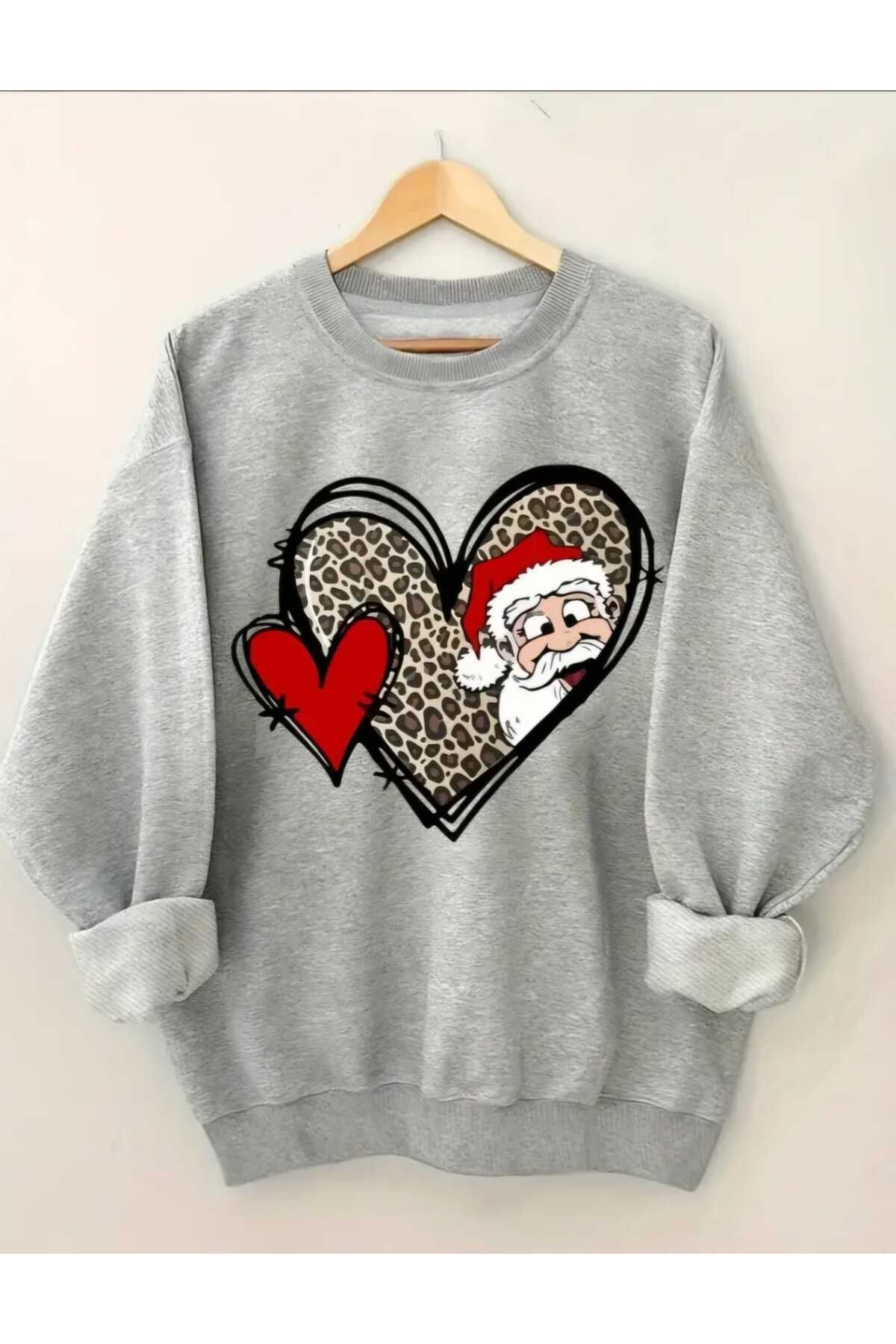 Elioure Yeni Yıl Konsept Noel Baba Leopar Kalp Baskılı Bisiklet Yaka Oversize Sweatshirt Kadın