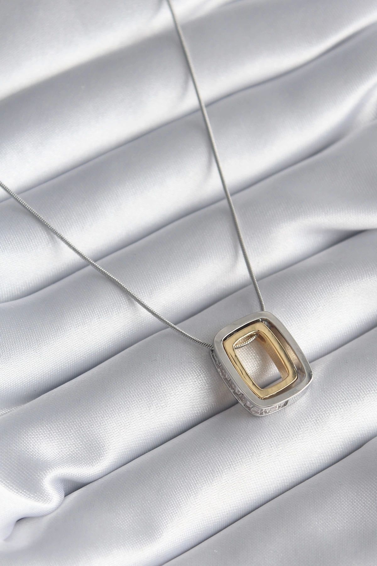 shopwave 316L Çelik Gold Gümüş Renk Kare Model Zirkon Taş Detay Kadın Kolye - TJ-BKO8250