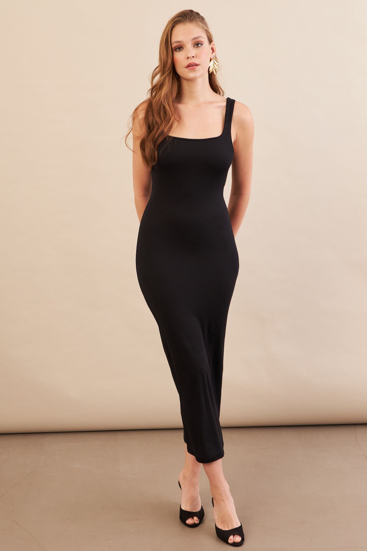 Cool & Sexy Kadın Siyah Kare Yaka Midi Elbise DMR295-90