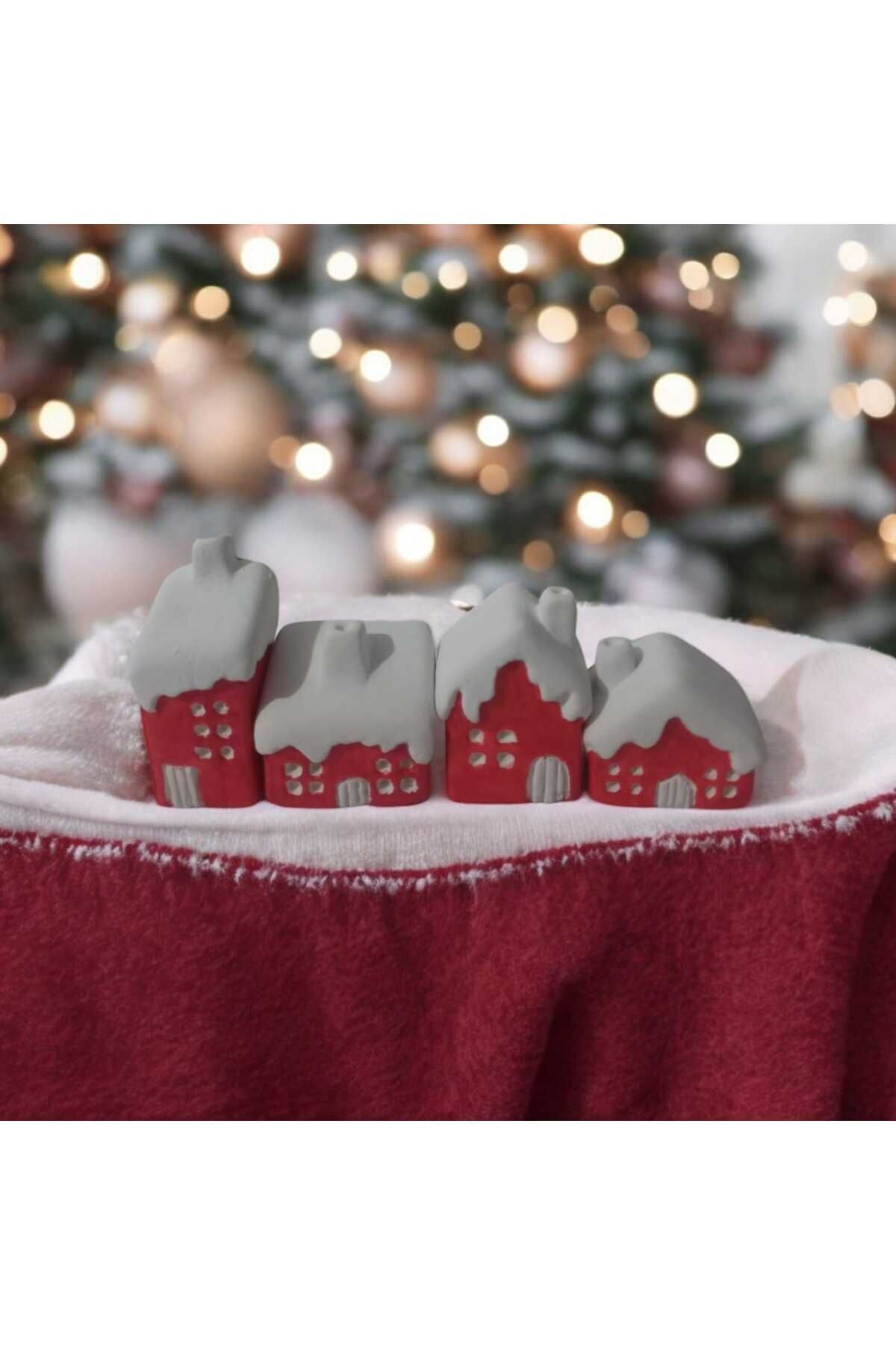Elioure Minimal (HEDİYELİ) 4'lü Küçük Yılbaşı Kırmızı Karlı Ev Biblo Noel Temalı