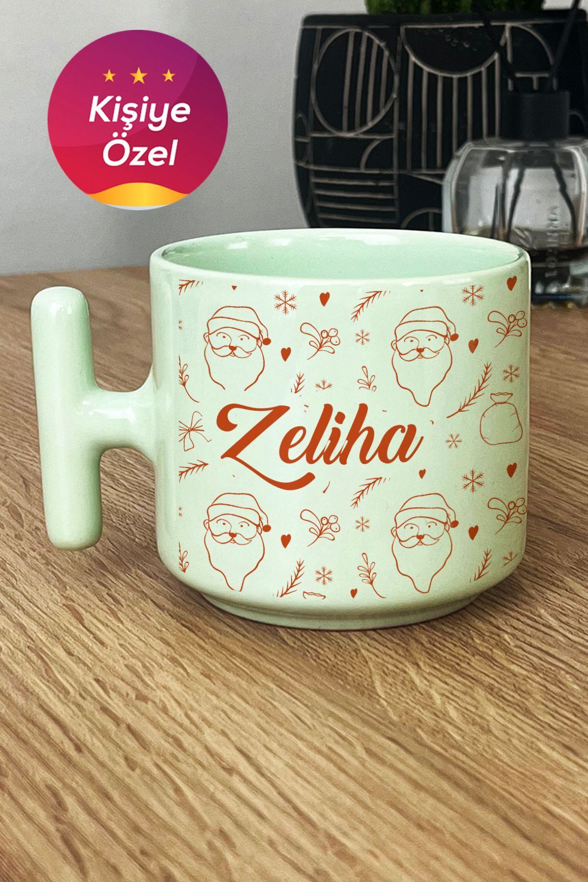 Elioure Kişiye Özel Noel Baba Desenli Pastel T Kulplu Kupa Bardak Yeşil Yılbaşı Yeni Yıl Hediyesi 5386MY