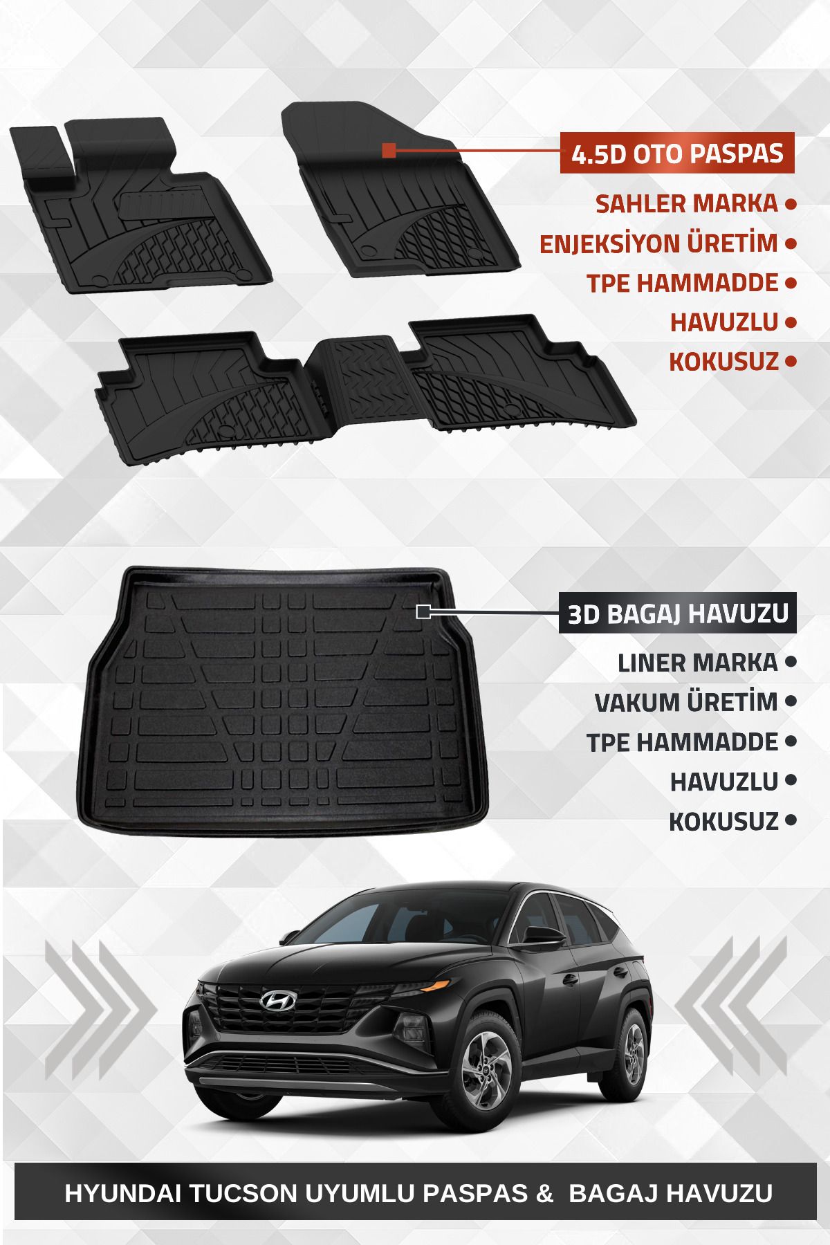 Sahler Hyundai Tucson 2021+ Uyumlu 4.5D Premium Havuzlu Paspas ve Liner Marka 3D Bagaj Havuzu