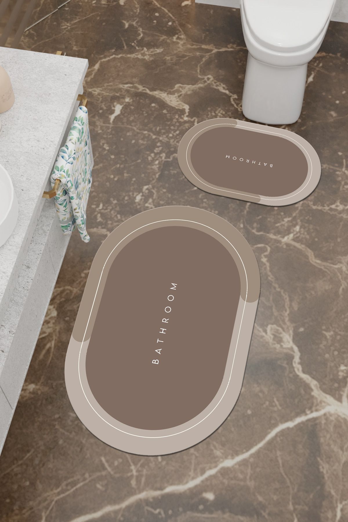 Charmbi Bathroom Desenli Eko Banyo Paspası, Kaymaz Taban, Makinada Yıkanabilir, Dijital Baskı 2'li Set