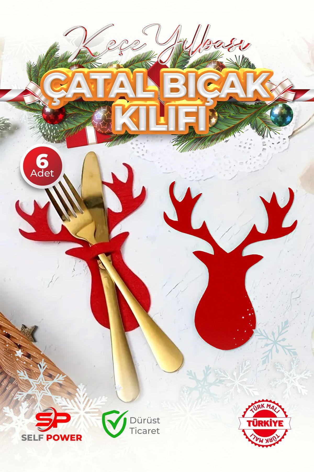 Elioure GEYİK TEMALI NOEL AĞACI KEÇE BIÇAK ÇATAL SETİ TEMALI TASARIM&PARTİ DEKORU MASAÜSTÜ DEKORU