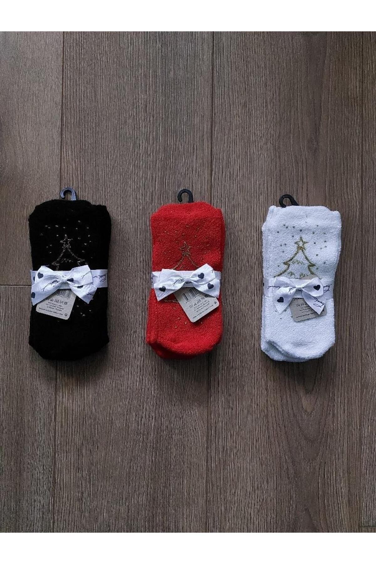 Elioure Yılbaşı 3 Çift Taban Altı Noel Ağacı Baskı Desenli Havlu Grubu Kırmızı-siyah-beyaz Çorap