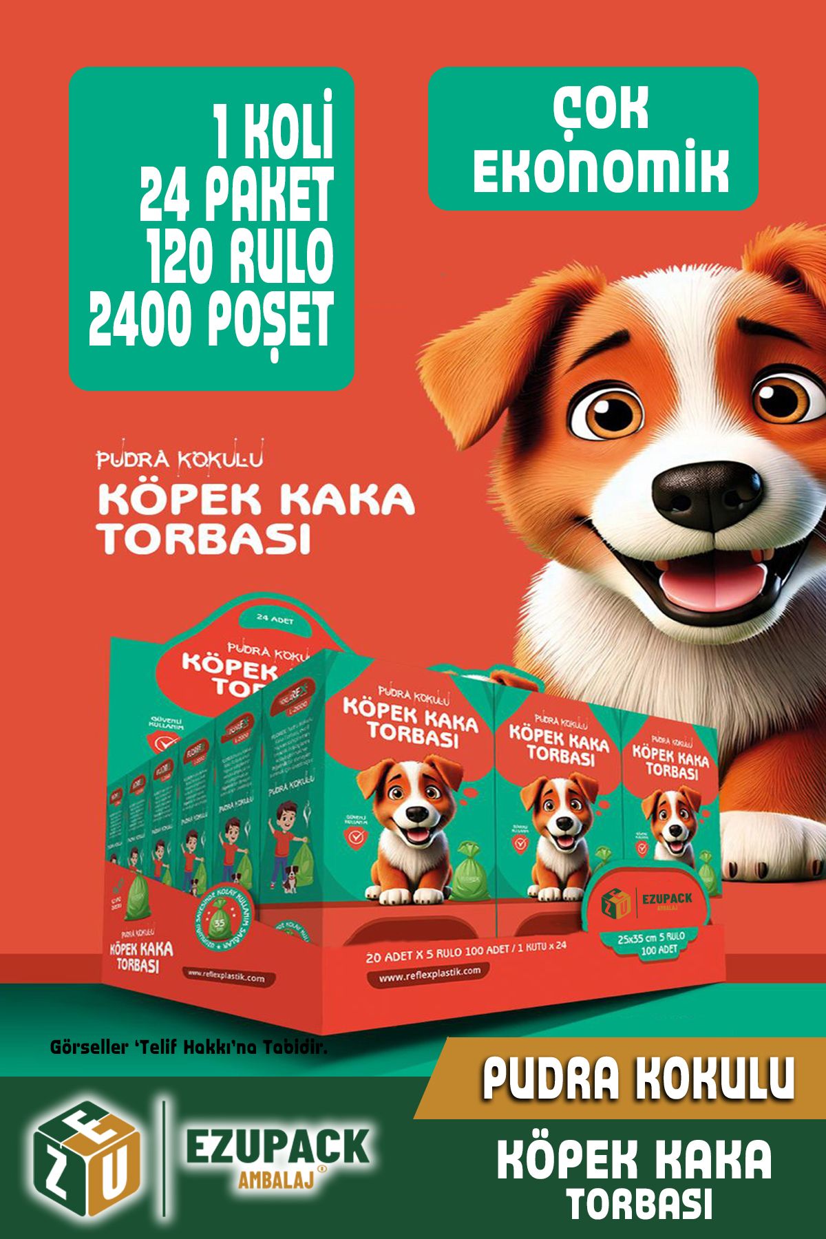 Ezupack 120 Rulo Kedi Köpek Kaka Poşeti Kutulu Pudra Kokulu Kaka Torbası Pet Evcil Hayvan 2400 Dışkı Poşet