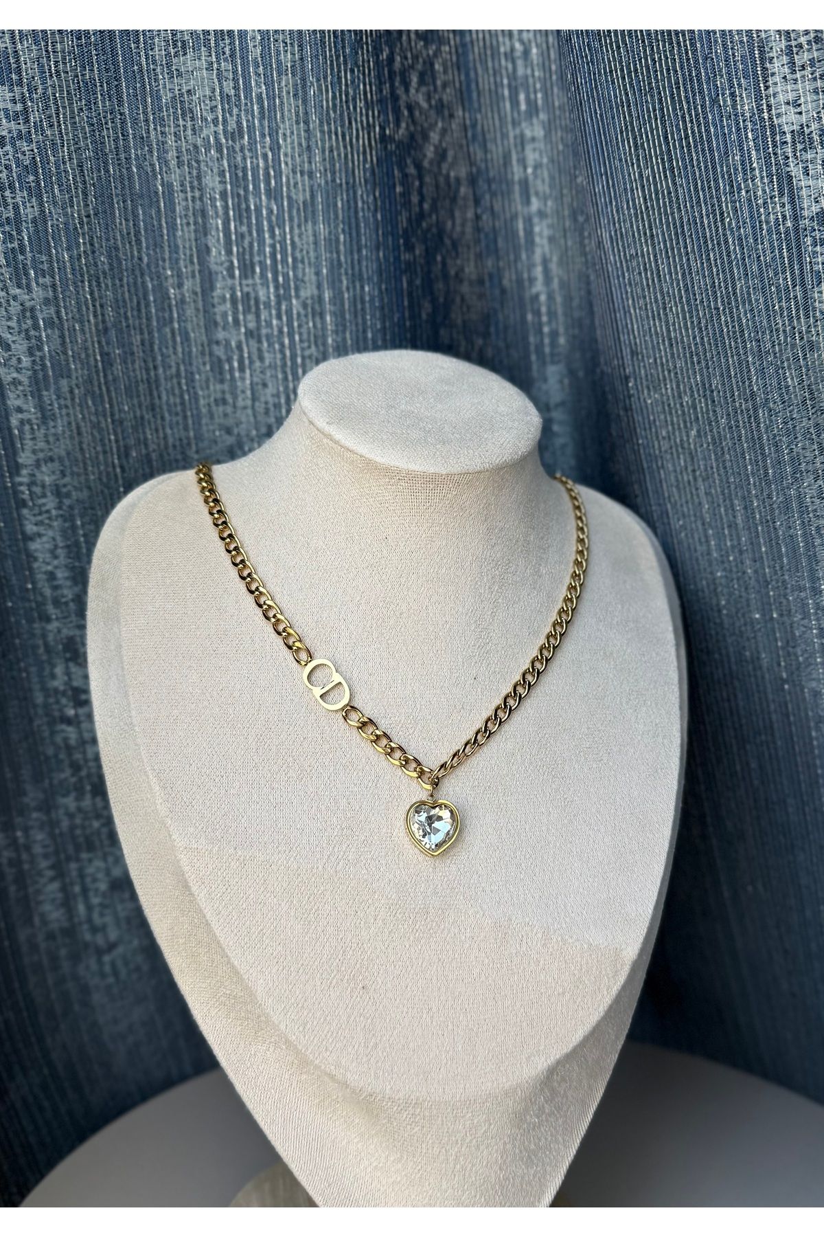 Chic Charms Kalp Zirkon Taşlı Kurb(kürb) Zincir Altın Renk Trend Modern Kolye (CD Harf Detaylı)
