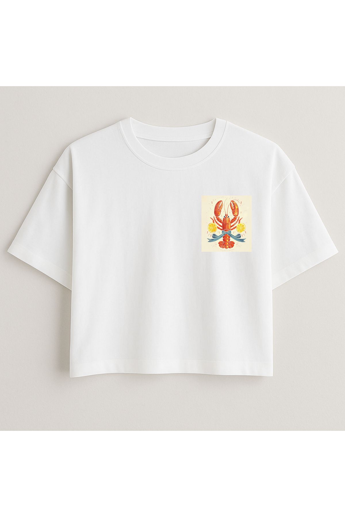 Minou Wear Istakoz Baskılı Özel Tasarım Beyaz Crop Oversize Kadın Tshirt