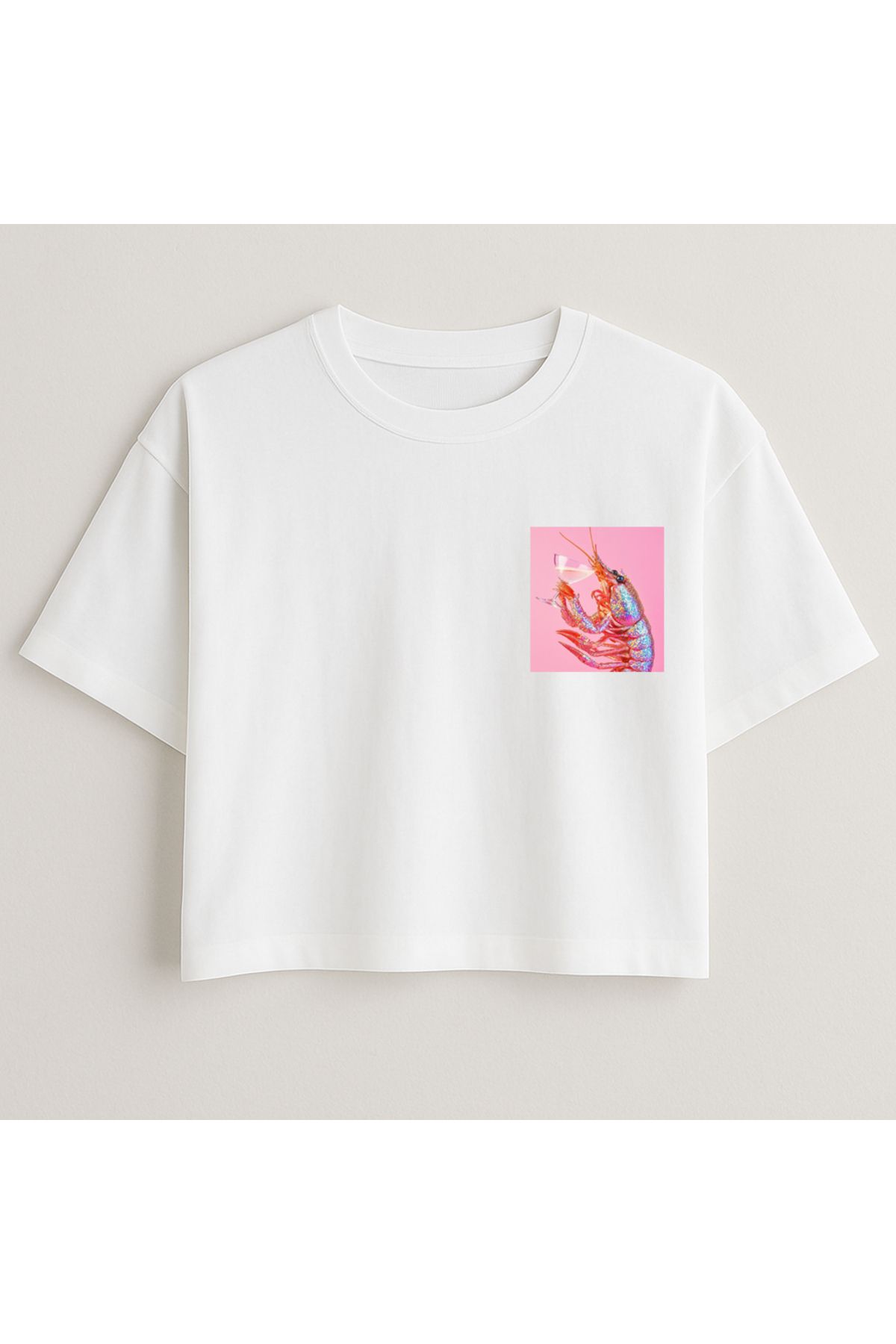 Minou Wear Karides Baskılı Özel Tasarım Byeaz Crop Oversize Kadın Tshirt