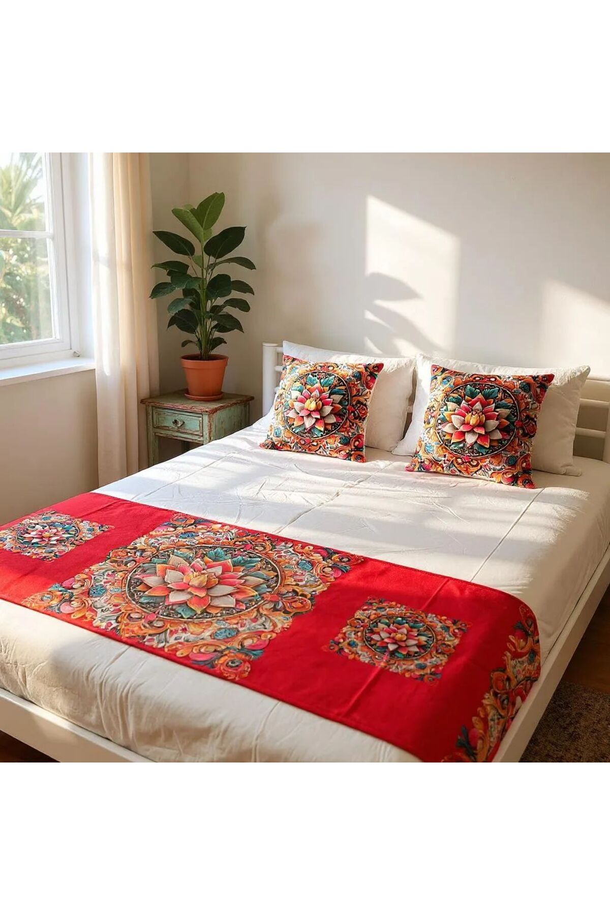 GMhome Kırmızı Mandala Desenli Dİjital Baskı Yatak Runner ve Kırlent Kılıfı Seti