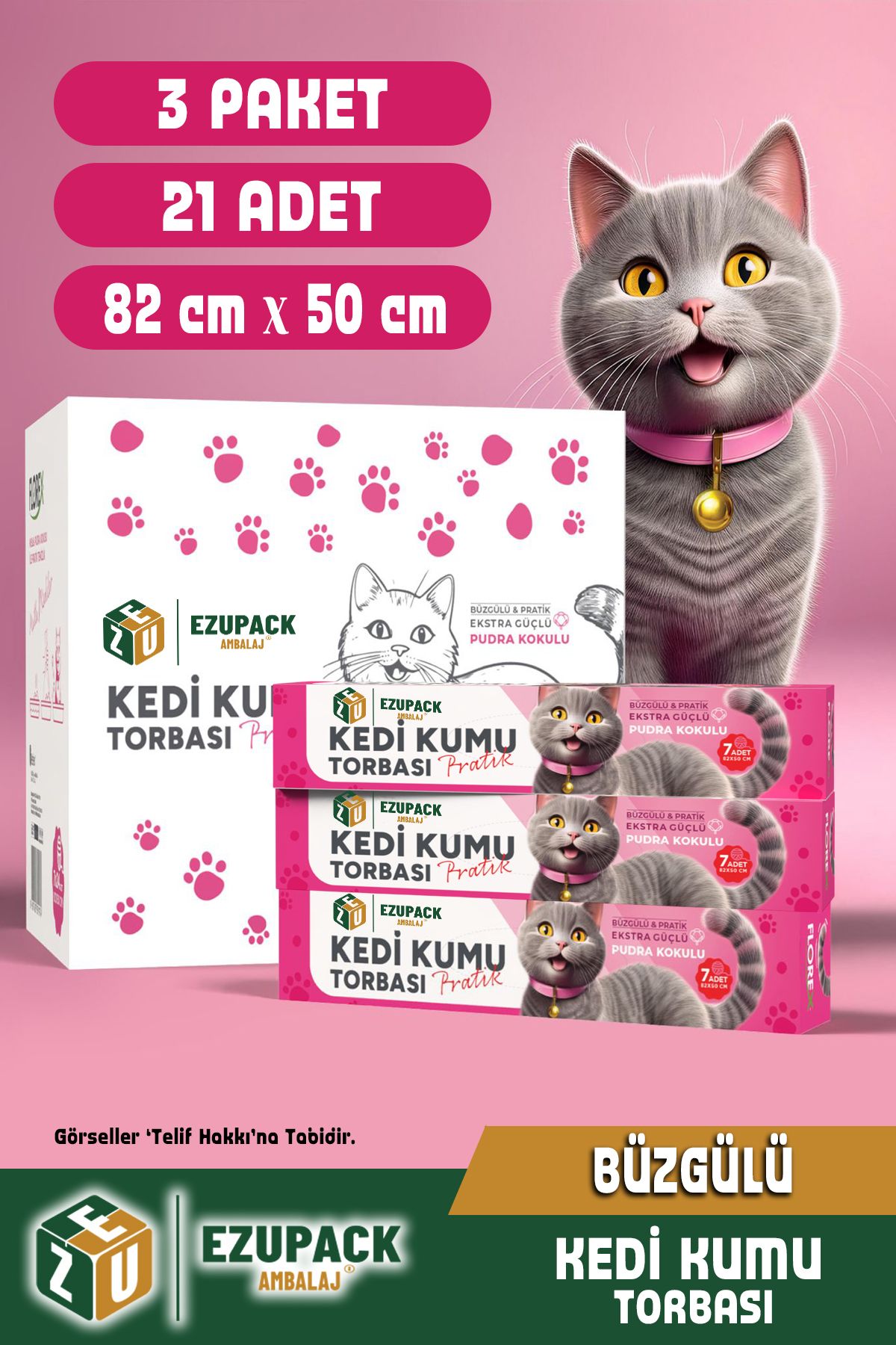 Ezupack 21'li Kedi Kumu Torbası Pudra Kokulu Büzgülü Poşet Pet Evcil Hayvan Kedi Tuvaleti 3 Paket 82x50cm