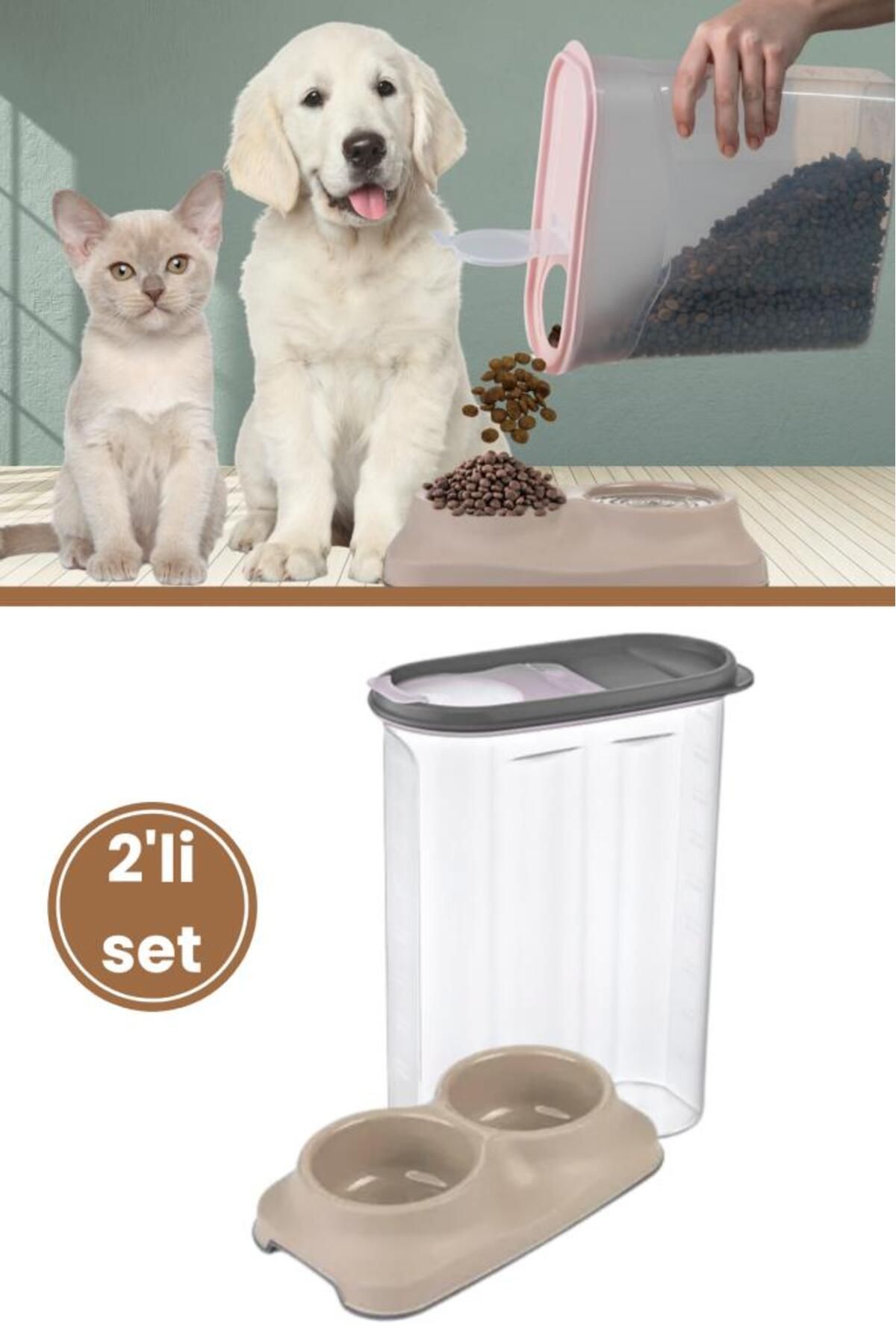 12den Evcil Hayvan Kedi Köpek Mama Erzak Saklama Kabı ve Mama Su Kabı 2’li Set