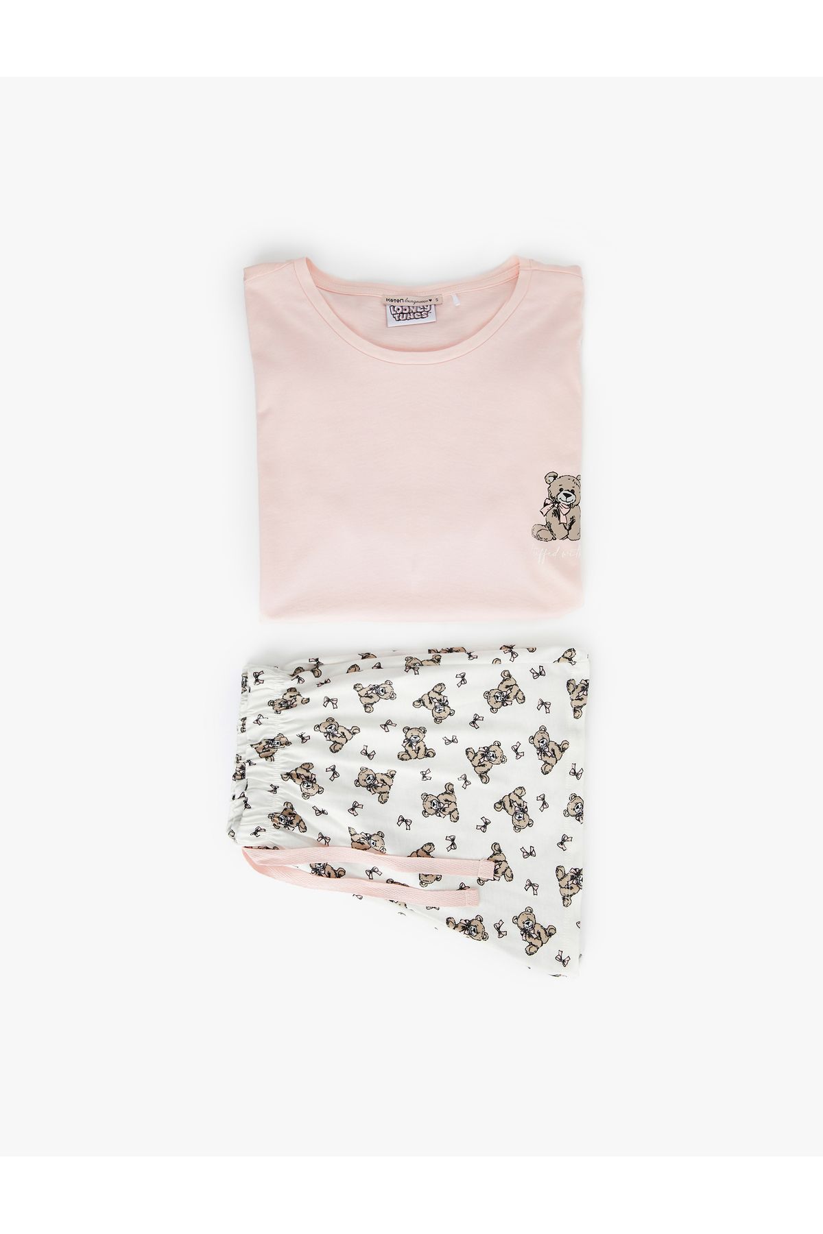 Koton Pamuklu Kısa Kollu Bisiklet Yaka Ayıcık Baskılı Şortlu Pijama Takımı
