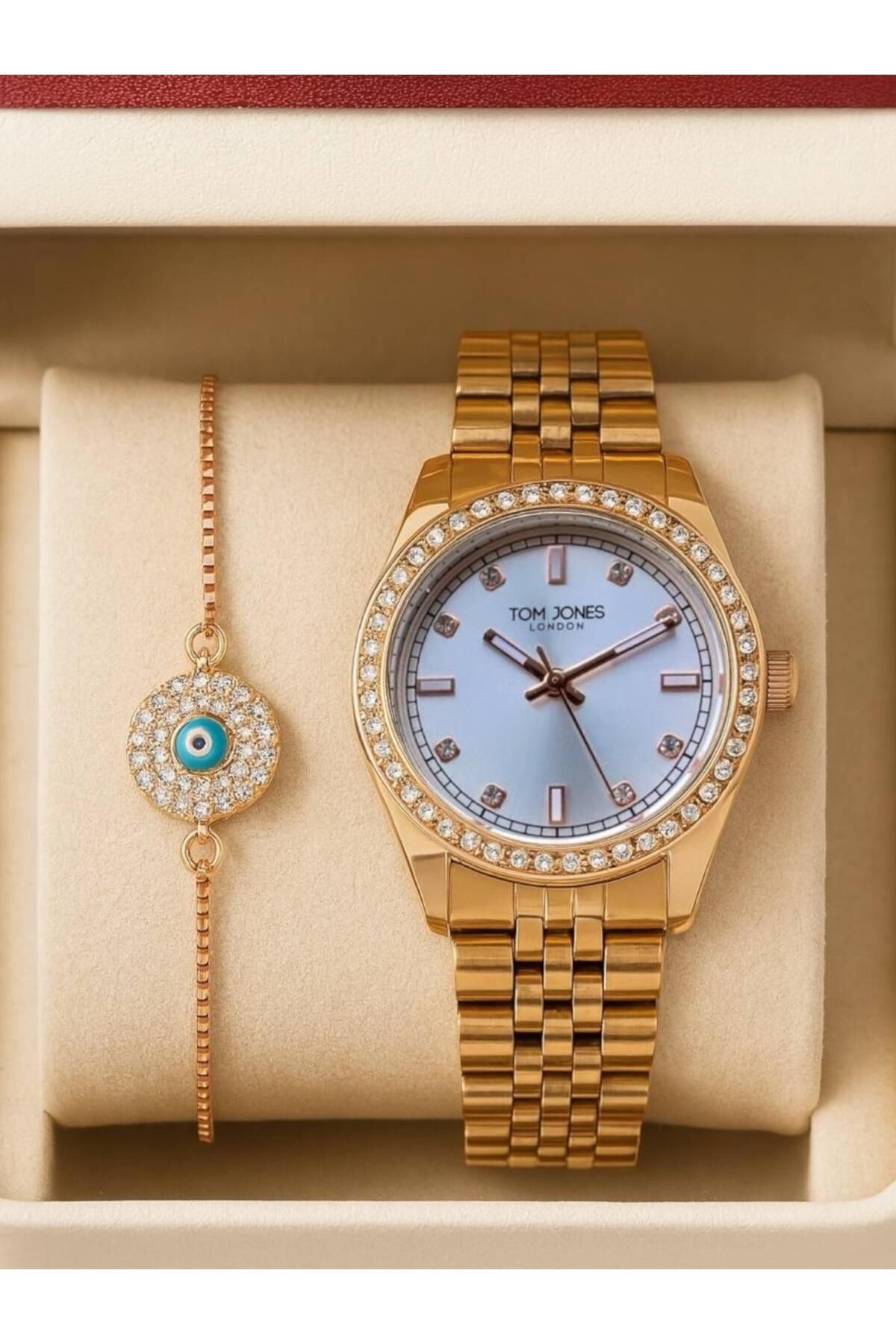 Tom Jones Marka Taşlı Rose Gold - Kadın Saat -Hediye Bileklik - Şık Kutulu Set