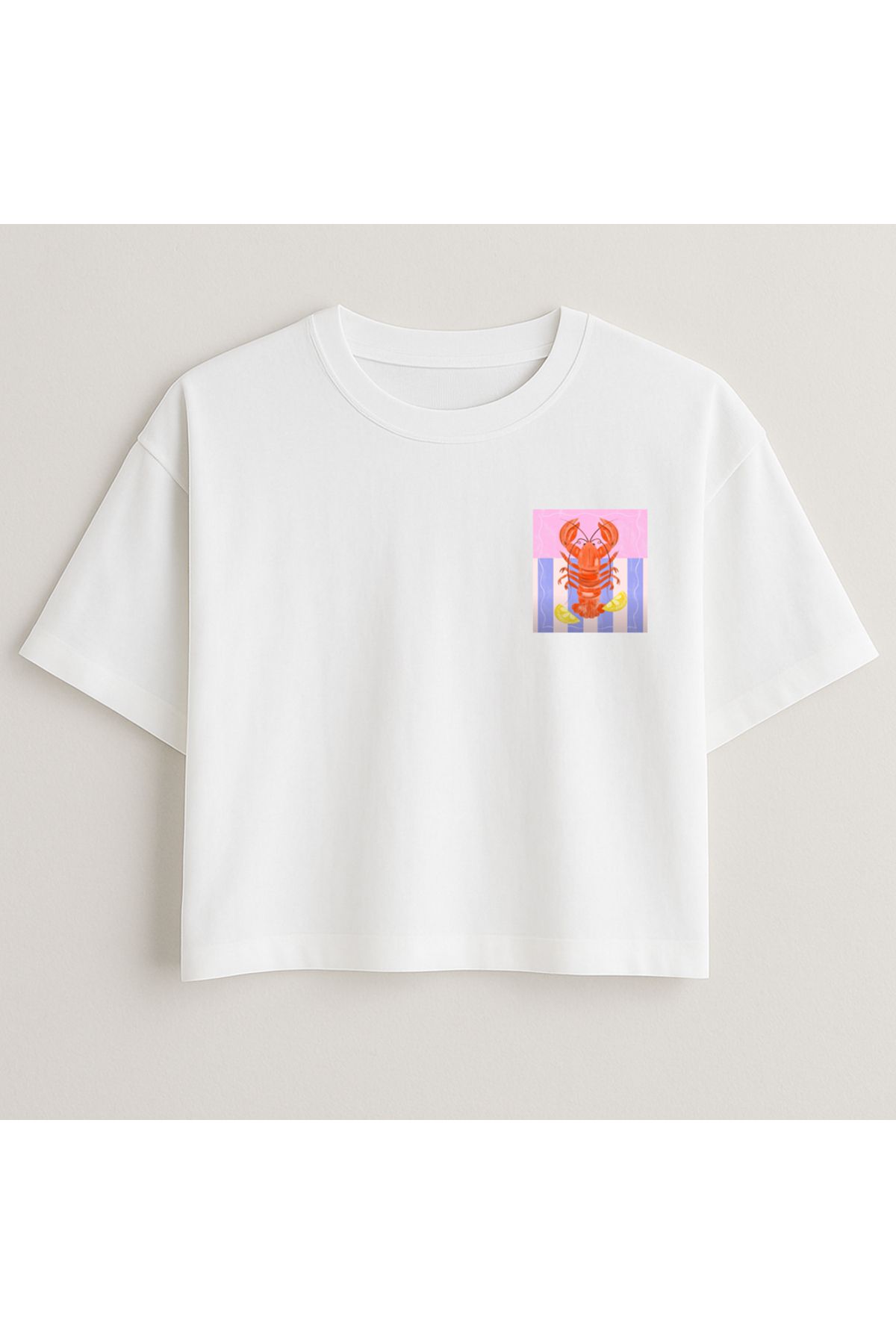 Minou Wear Istakoz Baskılı Özel Tasarım Beyaz Crop Oversize Kadın Tshirt
