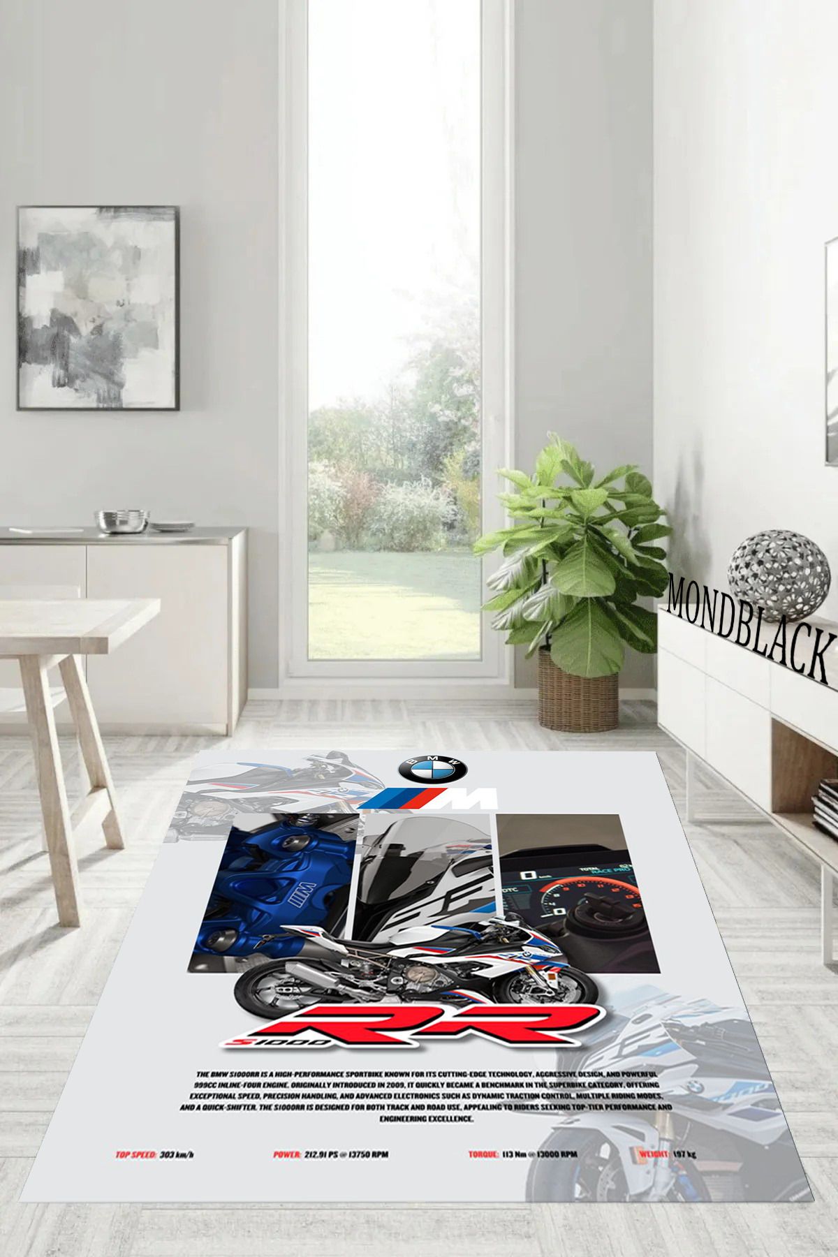 Mondblack BMW S1000RR Motor Temalı, Kaymaz Taban Halı, Makinede Yıkanabilir, Dijital Baskılı Halı