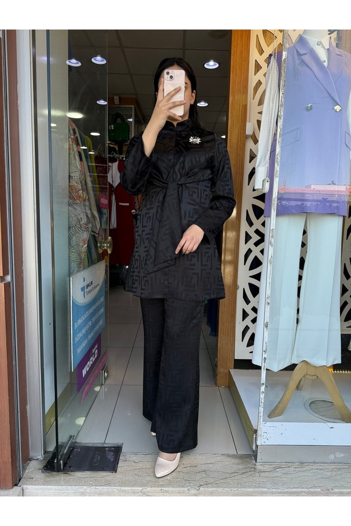 wennew 2236 TAKIM ARKADAN FERMUARLI BELİ BAĞLAMAL GÖĞSÜ BROŞ DETAYLI PANTLONUN BELİ LASTİKLİ 2 Lİ TAKIM QY