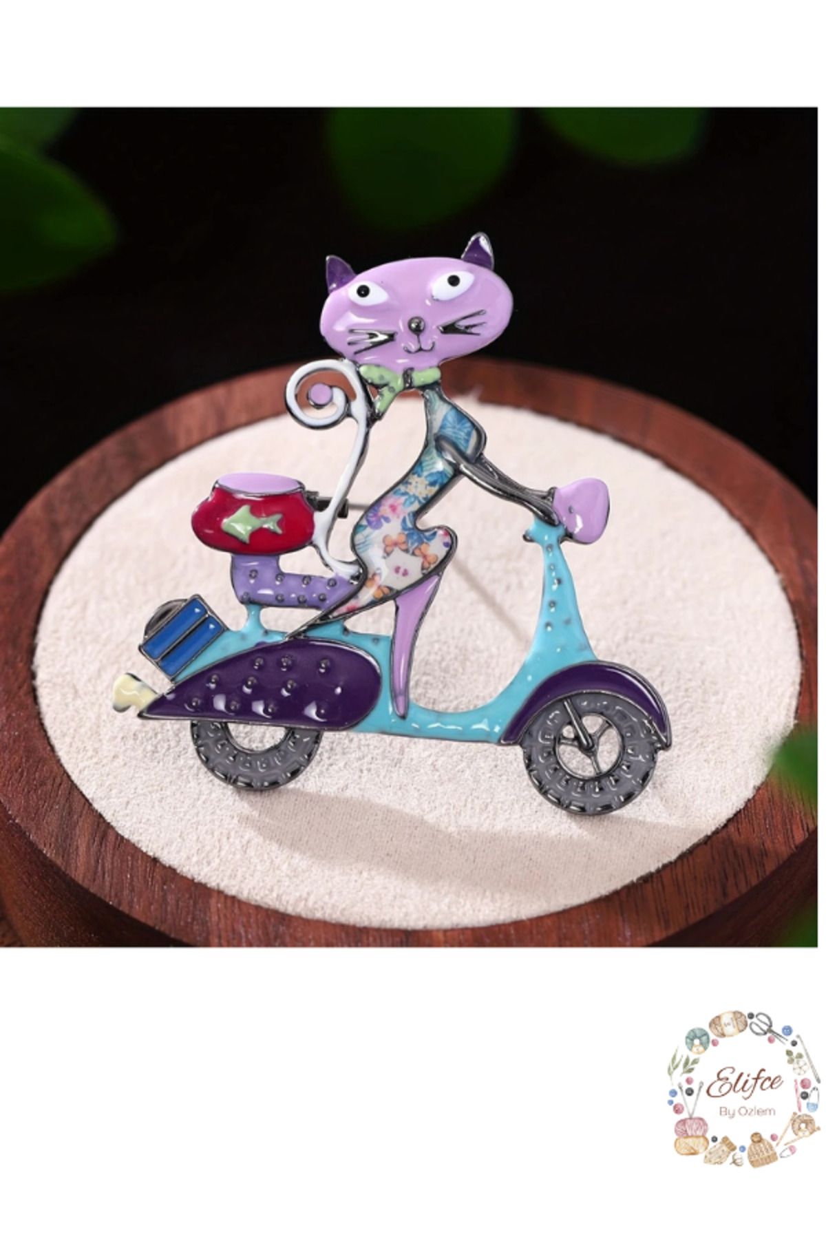 ElifceByÖzlem Vintage Scooter Tasarımı ile Şık Çinko Alaşım Kedi Bisiklet Temalı Broş