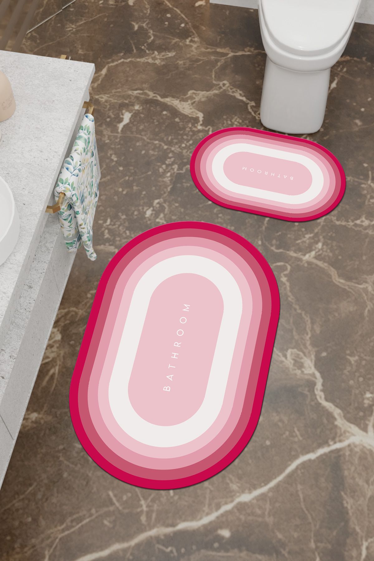 Charmbi Bathroom Desenli Eko Banyo Paspası, Kaymaz Taban, Makinada Yıkanabilir, Dijital Baskı 2'li Set
