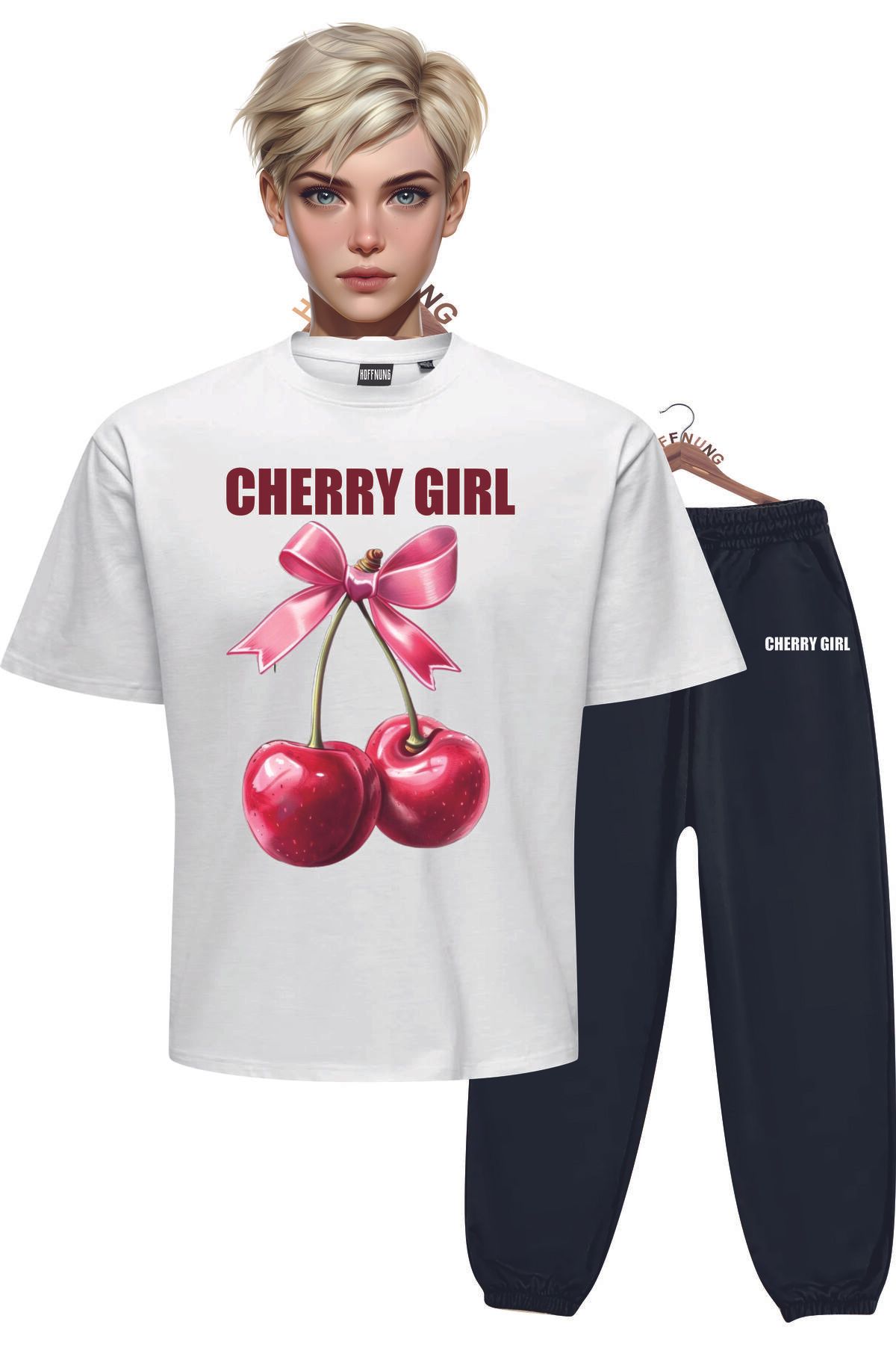 HOFFNUNG UKadın Bisiklet Yaka CHERRY GIRL baskılı Alt Üst eşofman Takım
