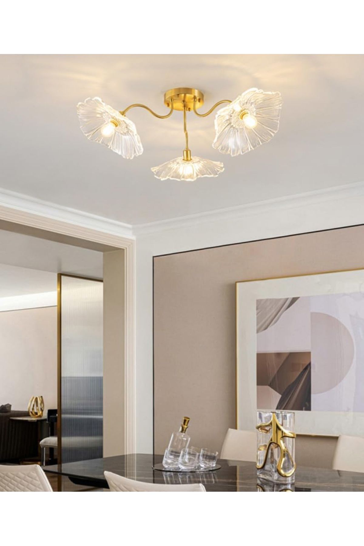 Fico Home Lüx Cam Avize Lila Renkli Kristal Camlı Plafonyer Avize Çiçek Üçlü Eskitme Gold Sarı