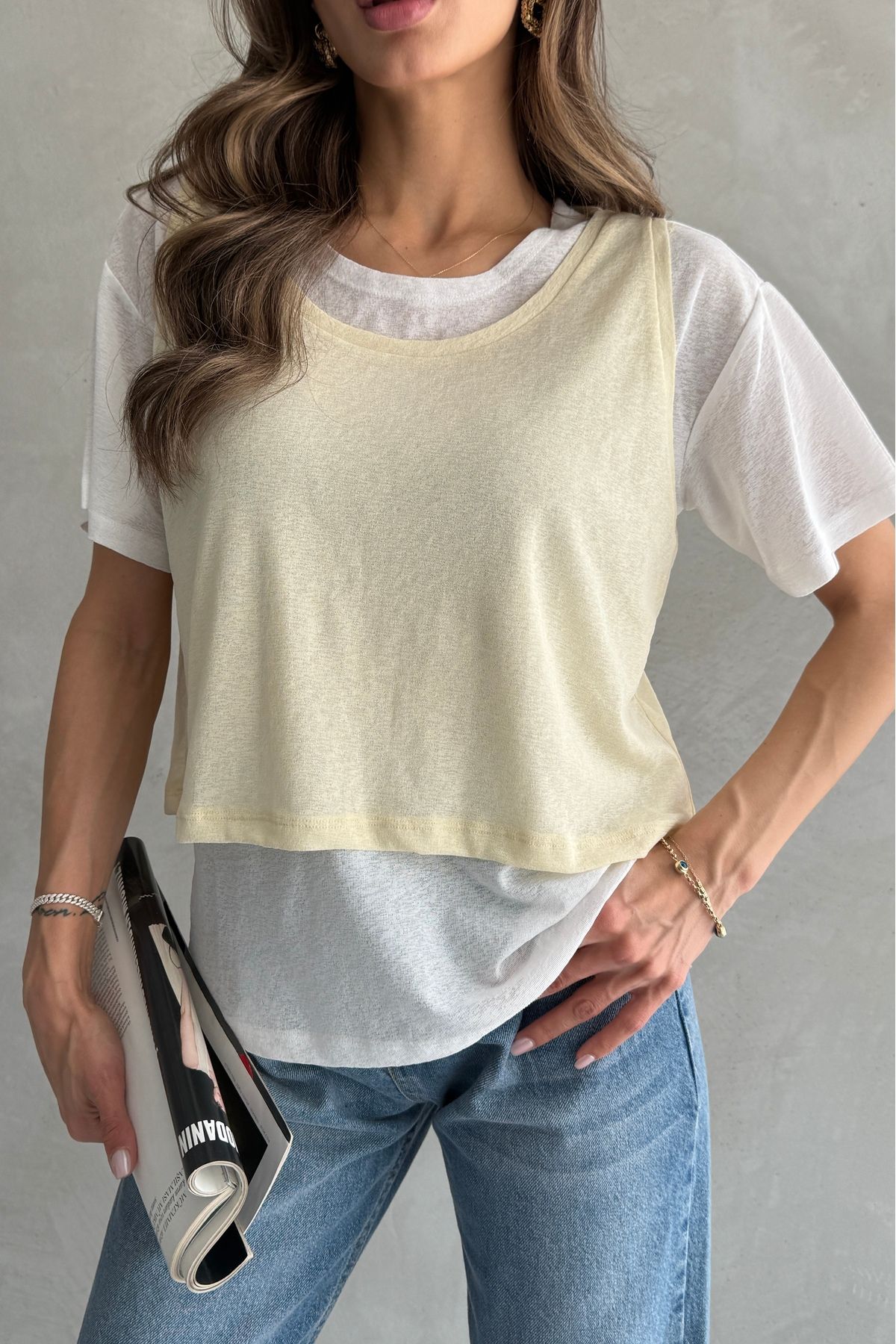 Ulino Kontrast İkili Görünümlü Bol Kesim T-shirt