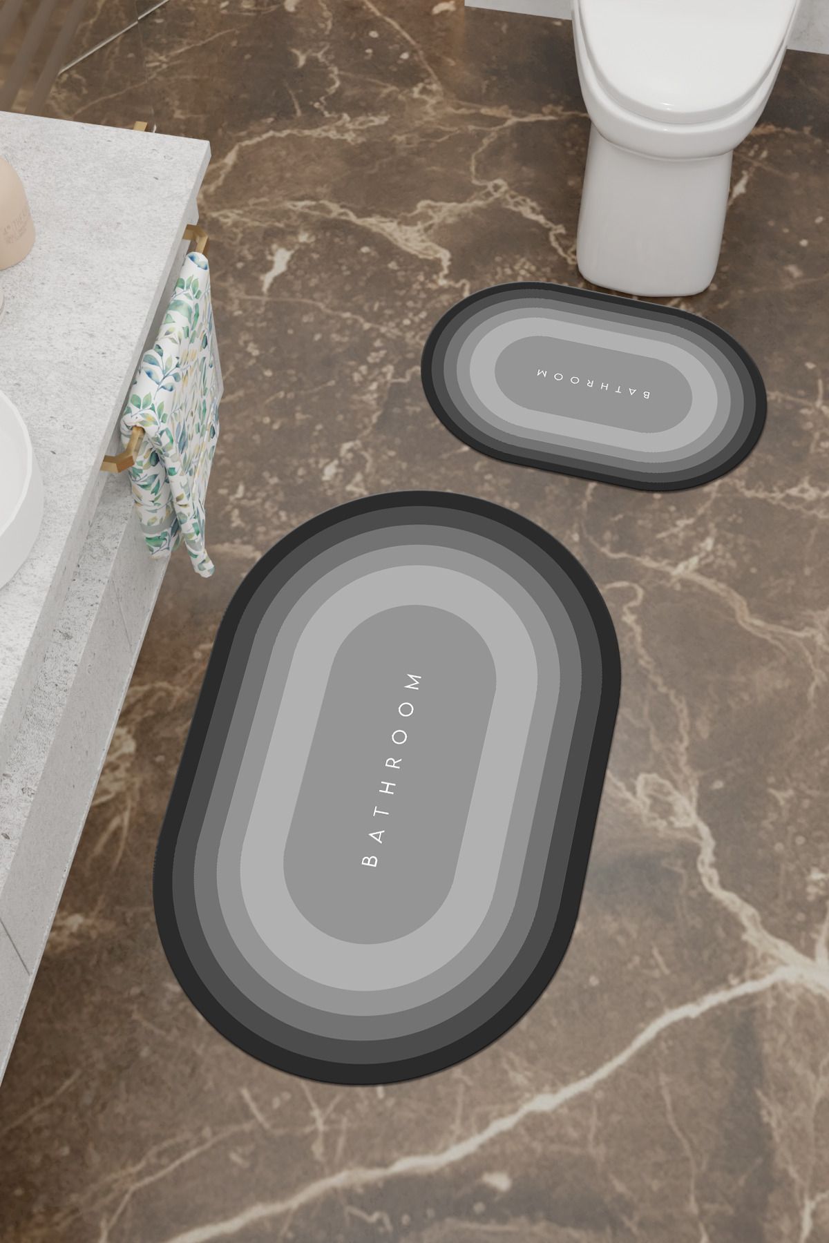 Charmbi Bathroom Desenli Eko Banyo Paspası, Kaymaz Taban, Makinada Yıkanabilir, Dijital Baskı 2'li Set