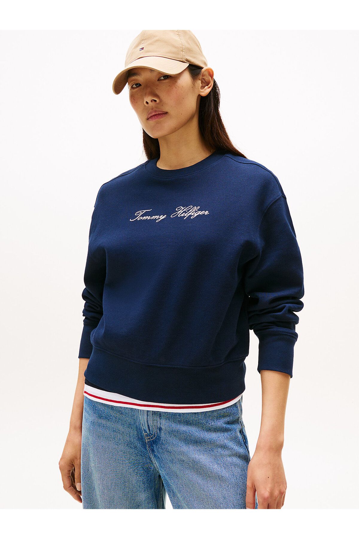 Tommy Hilfiger Logo Embroidery Pique Crew Neck Sweatshirt