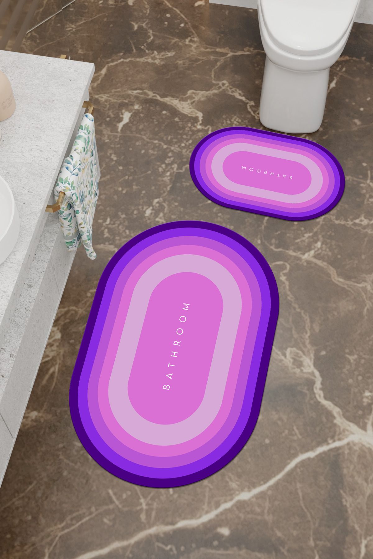 Charmbi Bathroom Desenli Eko Banyo Paspası, Kaymaz Taban, Makinada Yıkanabilir, Dijital Baskı 2'li Set
