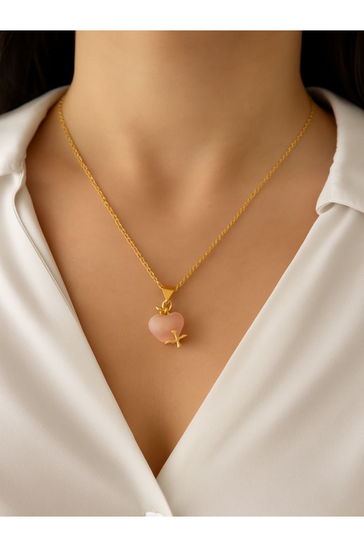 VioletTR Paslanmaz Çelik Gold Yıldızlı Pembe Kalp Kolye